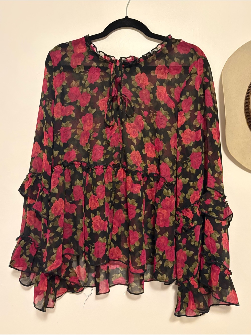 American Eagle Outfitters Sheer Black Blouse with Pink Rose Print